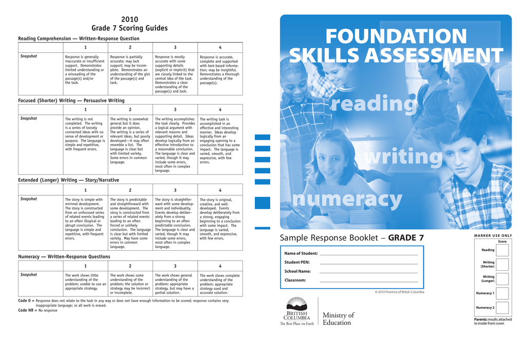 Province Of BC Ministry Of Education FSA Grade 7 Sample