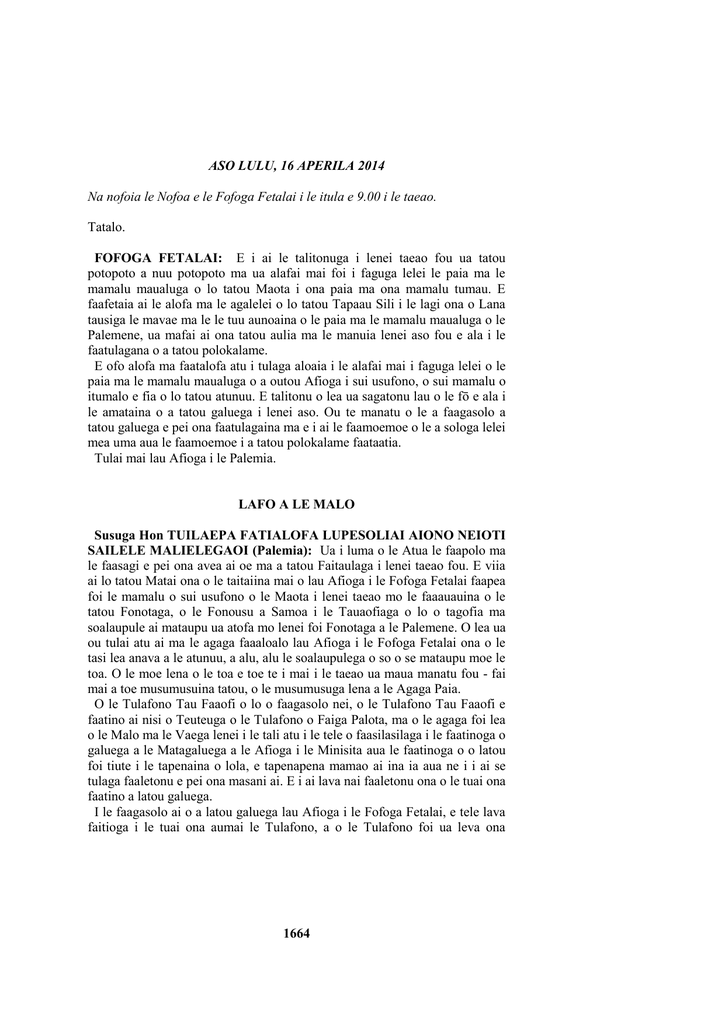 1664 Aso Lulu 16 Aperila 2014 Na Nofoia Le Nofoa E Le Fofoga