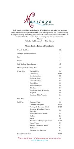 Wine List - Table of Contents