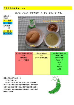 5月8日の給食メニュー 丸パン ハンバーグきのこソース グリーンスープ 牛乳