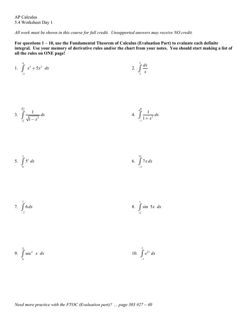 calculus worksheets