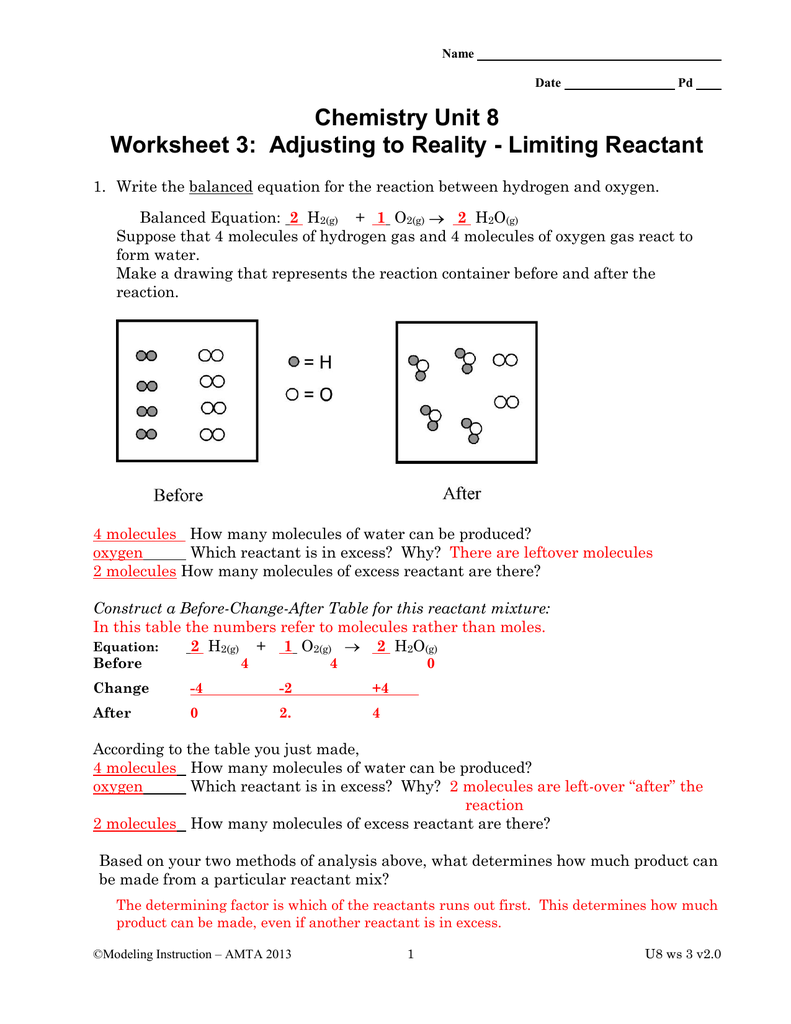 Chemistry Unit 20 Worksheet 20: Adjusting to Reality - Limiting Reactant Regarding Limiting Reactant Worksheet Answers