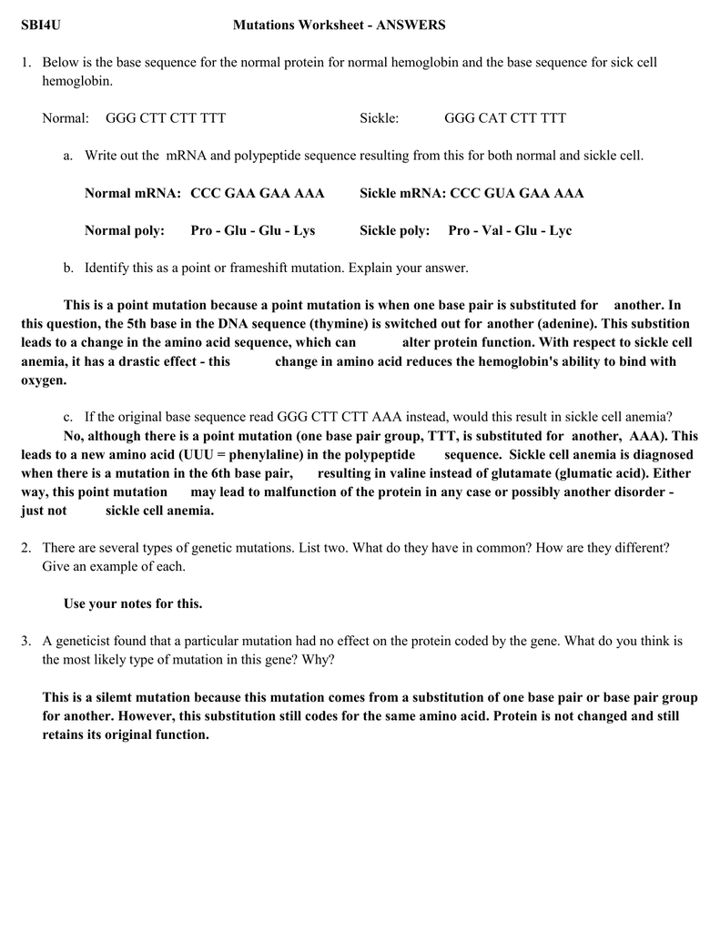 SBI25U Mutations Worksheet - ANSWERS 25. Below is - robertschem For Mutations Worksheet Answer Key