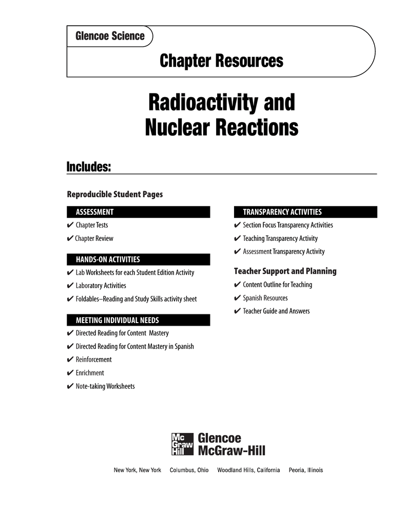 Chapter 21 Resource: Radioactivity and Nuclear Reactions In Nuclear Reactions Worksheet Answers