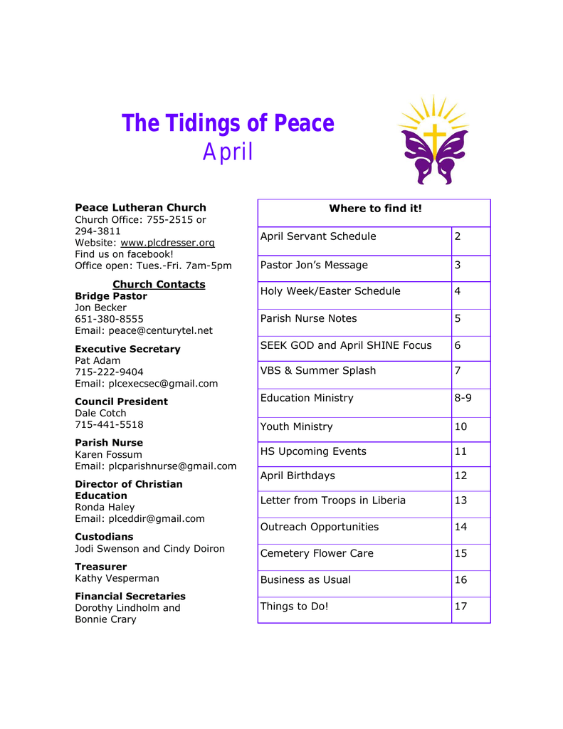 Tidings Newsletter Pub Peace Lutheran Church Dresser Wi