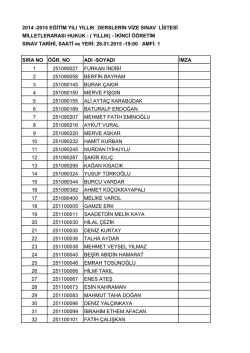 2014 -2015 eğitim yılı yıllık derslerin vize sınav listesi milletlerarası