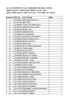 2014 -2015 EĞİTİM YILI YILLIK DERSLERİN VİZE SINAV LİSTESİ
