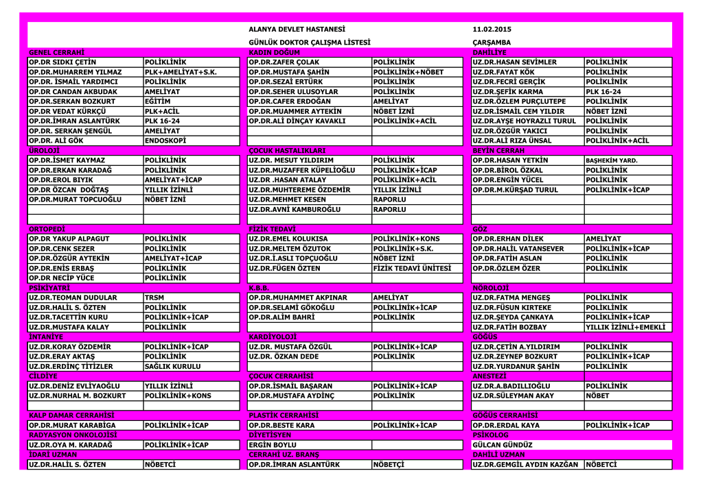 Alanya Devlet Hastanesi 11 02 2015 Gunluk Doktor