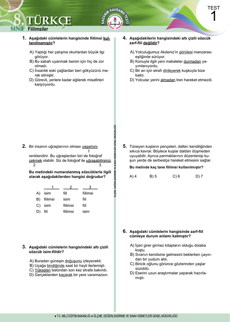 Test pdf. Fiilimsiler Test. Fiilimsi Test.