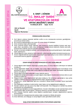 8. SINIF T.C. İNKILAP TARİHİ VE A TA T&Uuml;RK&Ccedil;&Uuml;L&Uuml;K TESTİ 2014