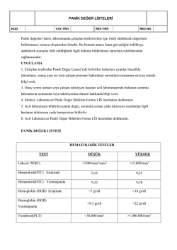 PANİK DEĞER LİSTELERİ Panik değerler listesi, laboratuarda