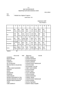 Sayı : Konu : Haftalık Ders Dağıtım Programı 1 2 3 4 5 6 7 8 9