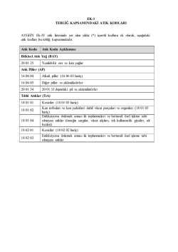 EK-1 TEBLİĞ KAPSAMINDAKİ ATIK KODLARI AYGEİY Ek