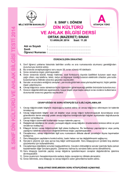 8. SINIF DİN K&Uuml;LT&Uuml;R&Uuml; VE AHLAK BİLGİSİ TESTİ 2014