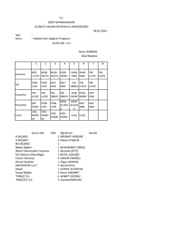 Sayı : Konu : Haftalık Ders Dağıtım Programı 1 2 3 4 5 6 7 8 Dersin