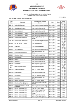 2014-2015 Eğitim &Ouml;ğretim Yılı G&uuml;z Yarıyılı 1., 2., 3. ve 4. sınıflara ait