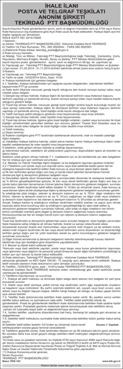 tekirdağ ptt başm&uuml;d&uuml;rl&uuml;ğ&uuml; ihale ilanı