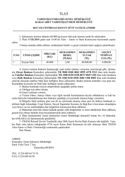 İ L A N TARIM İŞLETMELERİ GENEL M&Uuml;D&Uuml;RL&Uuml;Ğ&Uuml;