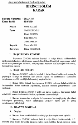 Anayasa Mahkemesinin 15/4/2014 Tarihli ve 2013