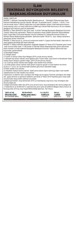14 Nisan 2015 İLAN TEKİRDAĞ B&Uuml;Y&Uuml;KŞEHİR BELEDİYE