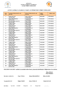 Mart Ayı N&ouml;bet Listesi