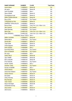 NAME SURNAME NUMBER CLASS Total Points merve &ouml;zkan