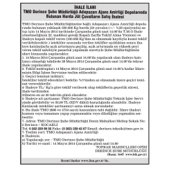 İHALE İLANI TMO Derince Şube M&uuml;d&uuml;rl&uuml;ğ&uuml;