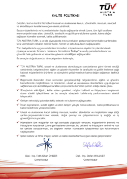 TÜV AUSTRIA TURK Kalite Politikası