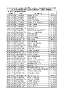 n&ouml;bet tarihi bağlı olduğu tsm ad soyad saat 01.04.2015 seyhan tsm
