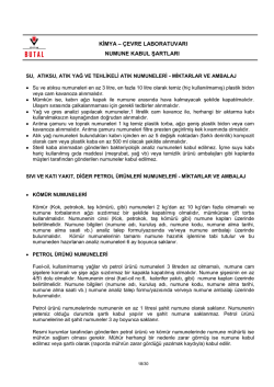 KĠMYA &ndash; &Ccedil;EVRE LABORATUVARI NUMUNE KABUL ġARTLARI