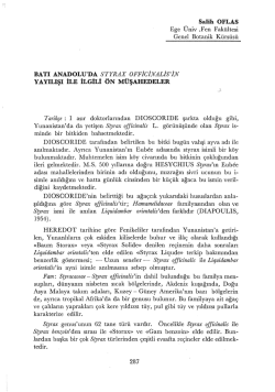 Batı Anadolu da Styrax officinalis in Yayılışı ile İlgili Ön Müşahadeler