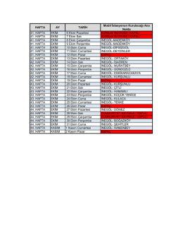 HAFTA AY TARİH Mobil İstasyonun Kurulacağı Ana Nokta 41