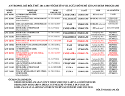 antropoloji b&ouml;l&uuml;m&uuml; 2014-2015 &ouml;ğretim yılı g&uuml;z d&ouml;nemi lisans ders