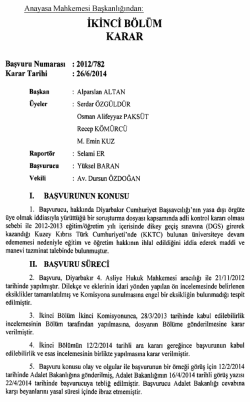 Anayasa Mahkemesinin 26/6/2014 Tarihli ve 2012