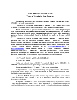Lider Faktoring Anonim Şirketi Tasarruf Sahiplerine Satış Duyurusu