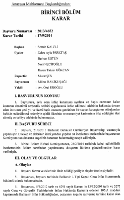 Anayasa Mahkemesinin 17/9/2014 Tarihli ve 2013