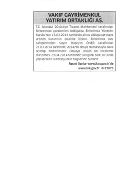 09 Nisan 2014 Star Gazetesinde Yayınlanan İlan