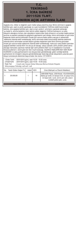 6 Aralık 2014 T.C. TEKİRDAĞ 1. İCRA DAİRESİ 2011/526 TLMT