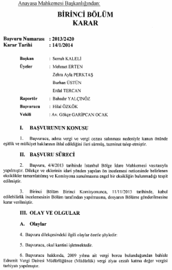 Anayasa Mahkemesinin 14/1/2014 Tarihli ve 2013