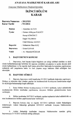 Anayasa Mahkemesinin 9/1/2014 Tarihli ve 2013