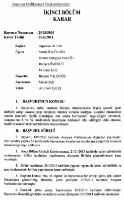 Anayasa Mahkemesinin 26/6/2014 Tarihli ve 2013