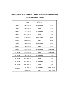 TARİH G&Uuml;NLER 1. Hafta 24.01.2015 CUMARTESİ DERS 2. Hafta