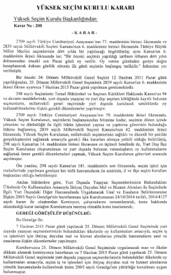 Y&uuml;ksek Se&ccedil;im Kurulunun 18/2/2015 Tarihli ve 208