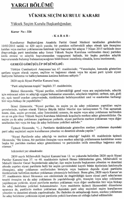 Y&uuml;ksek Se&ccedil;im Kurulunun 13/3/2015 Tarihli ve 326