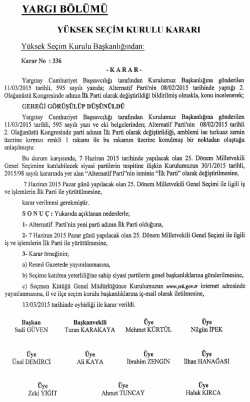 Y&uuml;ksek Se&ccedil;im Kurulunun 13/3/2015 Tarihli ve 336