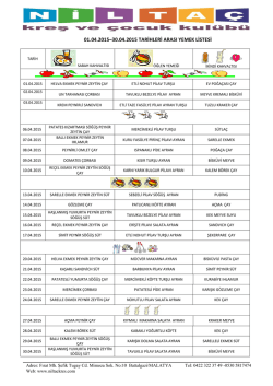 01.04.2015&ndash;30.04.2015 tarihleri arası yemek listesi