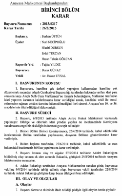 Anayasa Mahkemesinin 26/2/2015 Tarihli ve 2013