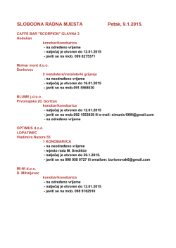 SLOBODNA RADNA MJESTA Petak, 9.1.2015.