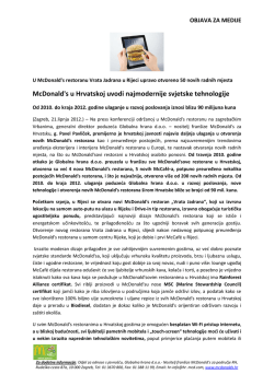 McDonald`s u Hrvatskoj uvodi najmodernije svjetske tehnologije