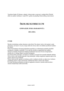 &Scaron;KOLSKI KURIKULUM - Gimnazija Jurja Barakovića Zadar